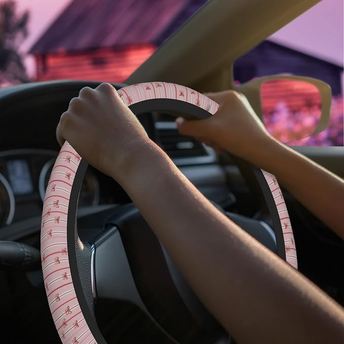 Pink Bows on Stripes Steering Wheel Cover for Women Men Neoprene Breathable Wheel Cover Protector Anti-Slip Car Accessories Universal 15 Inch Fit for Cars Trucks Vehicles