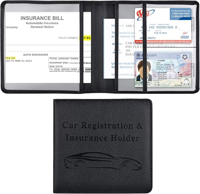 Car Registration and Insurance Holder, Vehicle Glove Box Car Organizer Men Women Wallet Accessories Case for Cards, Essential Document, Driver License, Black
