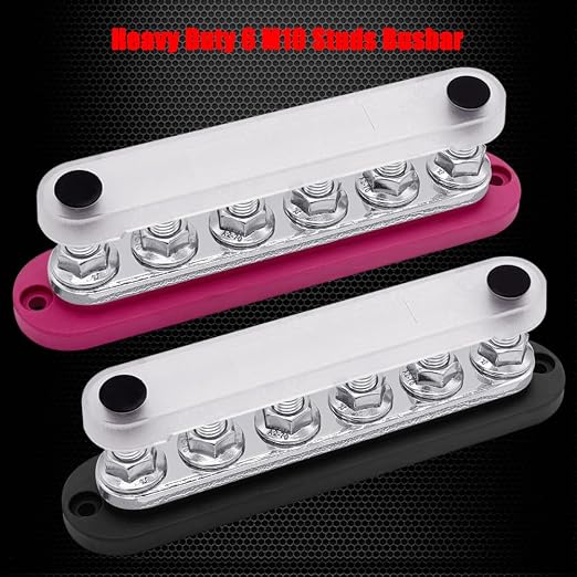 6 x M10 (3/8") Studs Power Distribution Block Bus Bar 12V, 7" HD 300A Marine BusBar Battery Distribution Block W/Cover for Car Boat Solar (Red & Black)