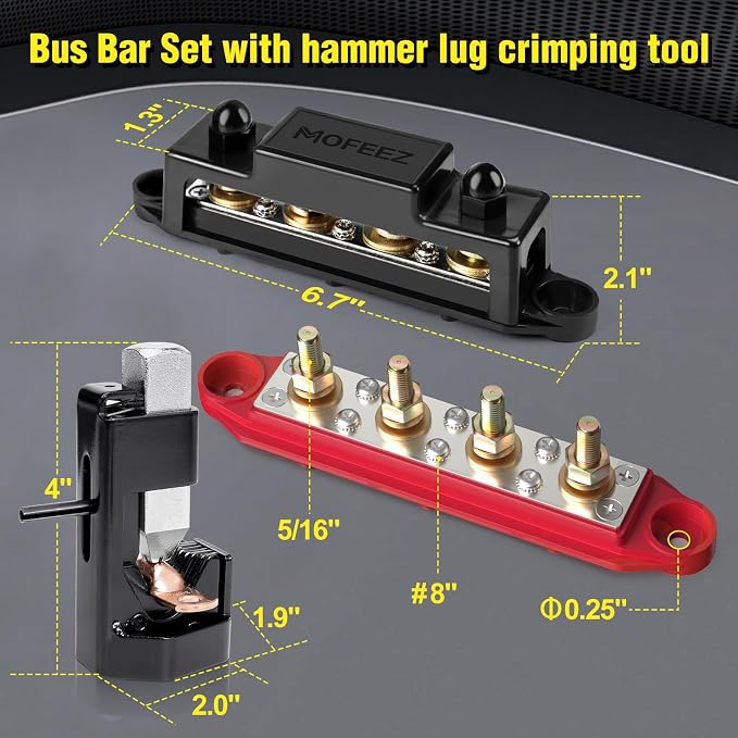 Power Distribution Block Bus Bar 4 × 5/16" Posts 6 × #8 Screws with Hammer Lug Crimping Tool, Marine Bus Bar 48V 250A for Automotive, Car, Boat, Solar Wiring