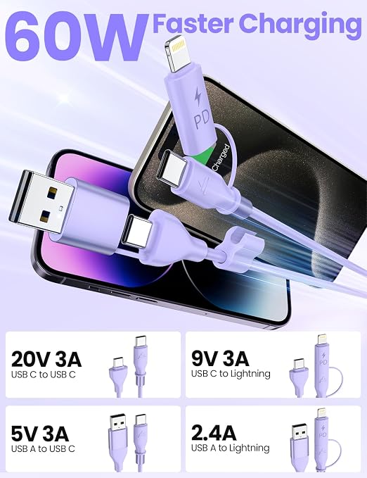 Purple USB-C and Lightning Cable 2-in-1, 3-FT iPhone 17 16 15 Car Charger Cord, 60W Fast Charging Cable for iPhone, Samsung Galaxy Supports Apple CarPlay & Android Auto