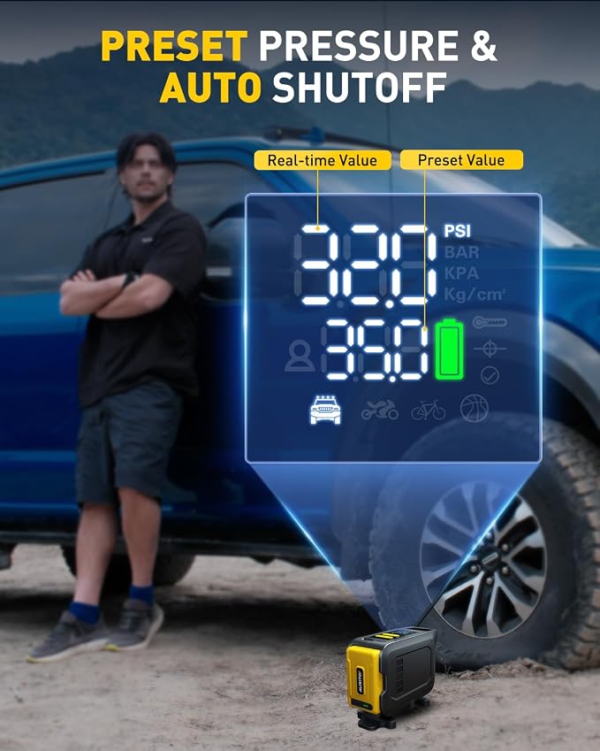 26000mAh Heavy Duty Tire Inflator, Portable Air Compressor 150PSI for Car Tires – Built-in Power Station & 65W Fast Charging – Emergency Air Pump for Truck, F-150, Off-Road, RV Camping