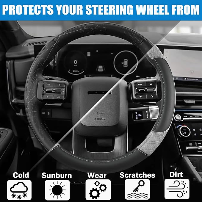Auto Car Steering Wheel Cover for Hyundai,Tucson,Sonata,Elantra,Santa Fe,Genesis,Sonata Hybrid,Azera,Venue,Kona, 14.5-15 inches(Gray-Standard Size)