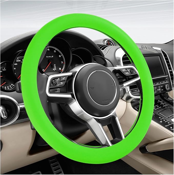 Car Steering Wheel Cover, 13 to 14.17 inches Anti-Slip Silicone Steering Wheel Protector, Soft Flexible Shock-Absorbent Steering Wheel Protective Cover for Most Car Models (Green)