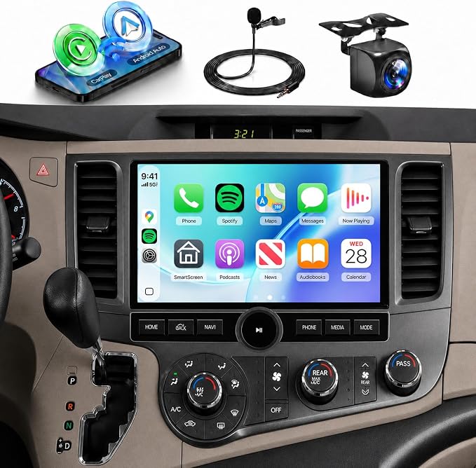 【Single Knob Keybutton】 8 Core 4G+64G for Toyota Sienna 2011-2014 Car Stereo Wireless Carplay/Android Auto 10.1” QLED Touchscreen Radio,Android 15,Type C/USB,GPS,5Ghz WiFi,Bluetooth 5.0,Backup Camera