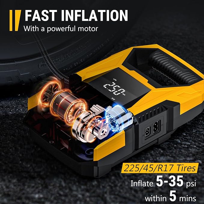 AC/DC Tire Inflator Portable Air Compressor, Dual Power for Home 110V AC and Car 12V DC Air Pump with Pressure Gauge, Auto Shutoff, Tire Pump for Car Motorcycle Bicycle and Other Inflatables