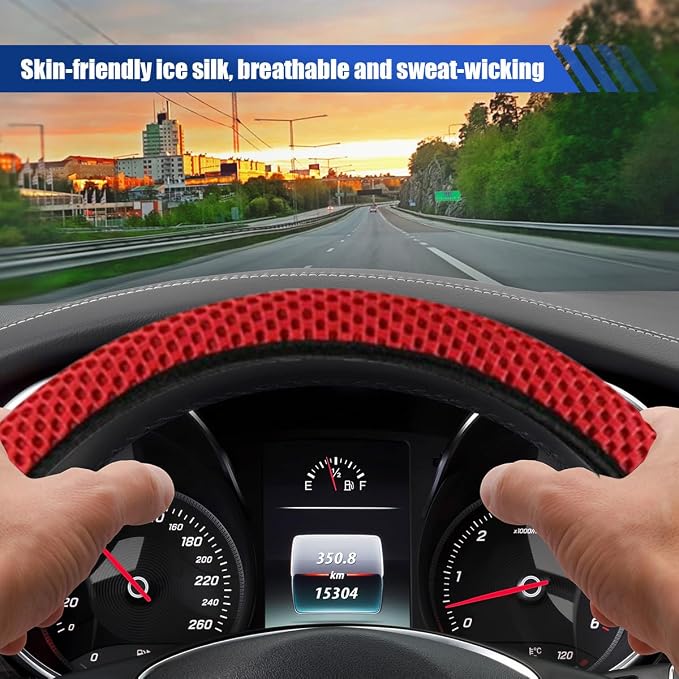 Elastic Stretch Steering Wheel Cover, 15" Breathable Microfiber Ice Silk Steering Wheel Protector, Universal Anti-Slip Car Warm in Winter&Cool in Summer Accessories for Men Women (Red)