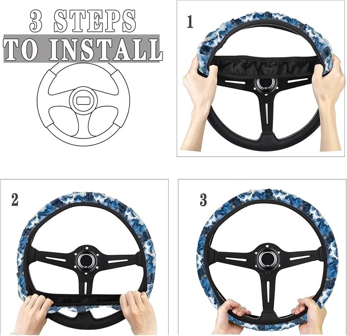 Marble Texture Blue Pattern Car Steering Wheel Cover Car Wheel Cover Protector Steering Wheels Accessories Easy to Install Car Decoration Universal Fit Car Truck SUV Van