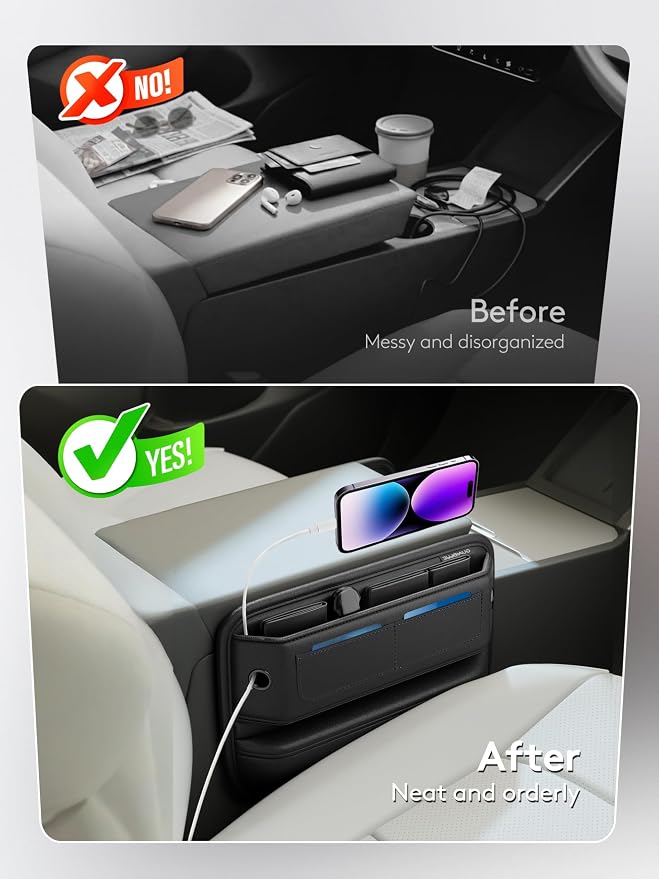 Car Seat Gap Filler Organizer with Sun Visor Organizer, PU Leather Seat Gap Filler for Phone, Keys, Cards & Sunglasses, Front Seat Storage Side Pocket for Cars SUVs Trucks