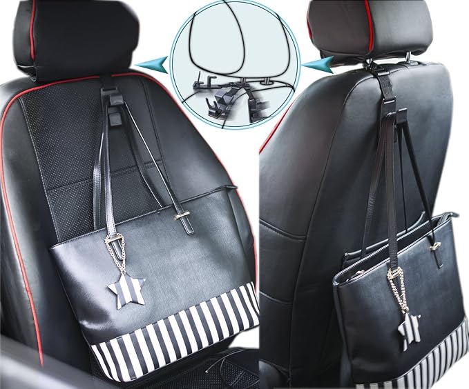 Adjustable Headrest Hooks for Car, Purse Hanger Headrest Hook Holder for Car Seat Organizer Hook for Purse or Grocery Bags,2 Pack, Black