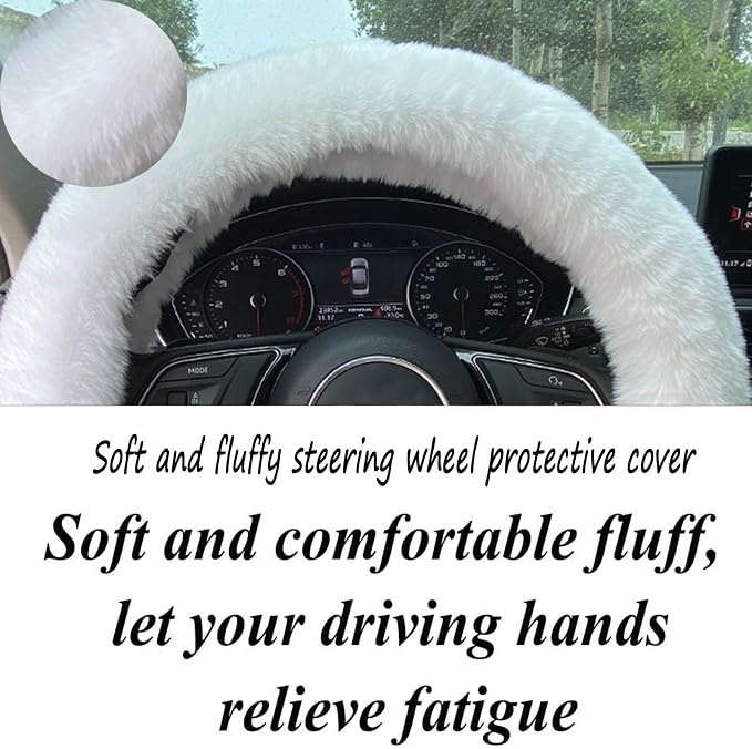 Fluffy Steering Wheel Cover for Women Fuzzy Steering Wheel Cover Winter Warm Faux Wool Plush Car Wheel Cover Furry Steering Wheel Protector Universal Fit 15 Inch (White)