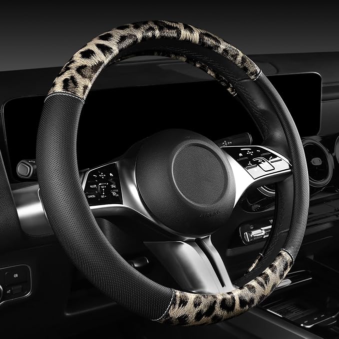 Leopard Print Faux Leather Car Seat Covers & Leopard Car Mats&Leopard Steering Wheel Cover Seat Belt Universal Car Accessories for SUV,Van,Saden,Truck Automobile Interior Sets(Gold Black)
