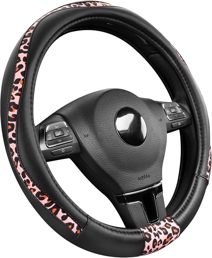 Steering Wheel Cover - Made with PVC Leather and Leopard Fabric - Universal 14 1/2 inches to 15 inches for Most Automotive Steering Wheel - Cheetah Print - Pink Leapord