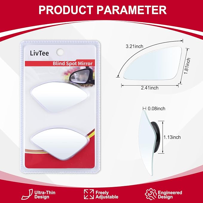 Blind Spot Car Mirror，Asymmetric Fan Shaped HD Glass Frameless Convex Rear View Mirror with wide angle Adjustable Stick for Cars SUV and Trucks, Pack of 2
