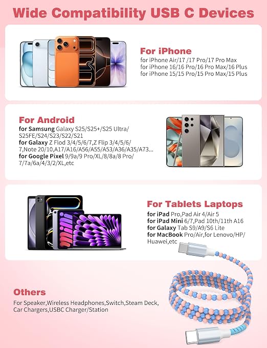 USB A to USB C Cable 3FT,Beaded Charger Cord for iPhone 17 16 Pro Max 16e 15 Car play,Cute TypeC Car Charger Charging Cord for iPad 10 11th/Samsung S26 S25 S24/Pixel/Android Phone Girls Women,PinkBlue