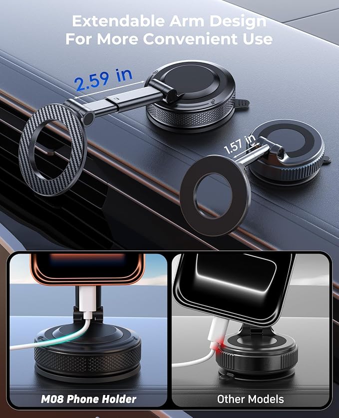 Car Phone Mount for Your Car, Magnetic Phone Holder for Car with Extendable Arm, Foldable Dashboard Phone Mount Designed for Larger Phones Compatible with iPhone 17/16/15/14/13/12