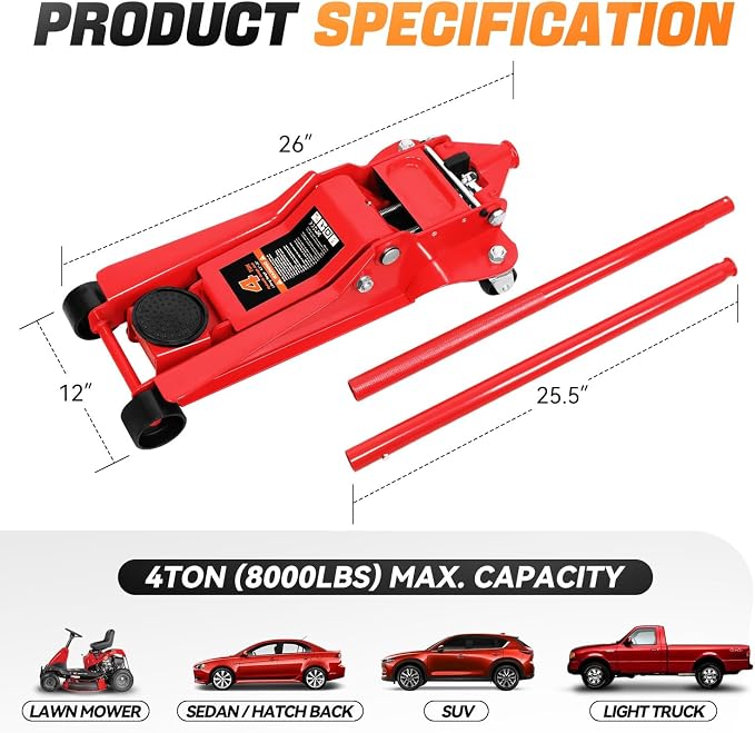 4 Ton Low Profile Floor Jack, Heavy Duty Steel Hydraulic Car Jack with Dual Pistons Quick Lift Pump, Hydraulic Racing Floor Jack, Lifting Range 4.5" to 20", Red
