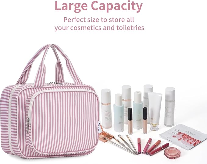 Striped Hanging Toiletry Bag for Women Travel Makeup Bag Organizer Toiletries Bag for Travel Size Essentials Accessories Cosmetics (Dusty Pink Stripe (Medium))