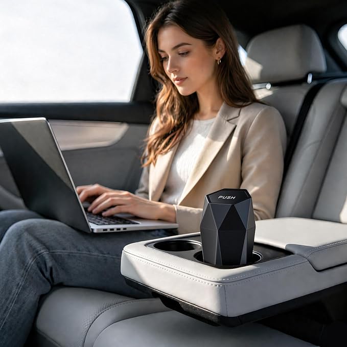 Car Trash Can with Lid, Diamond Design Small Automatic Portable Trash Can with 1 Trash Bag, Easy to Clean, Used in Car Home Office (Black)