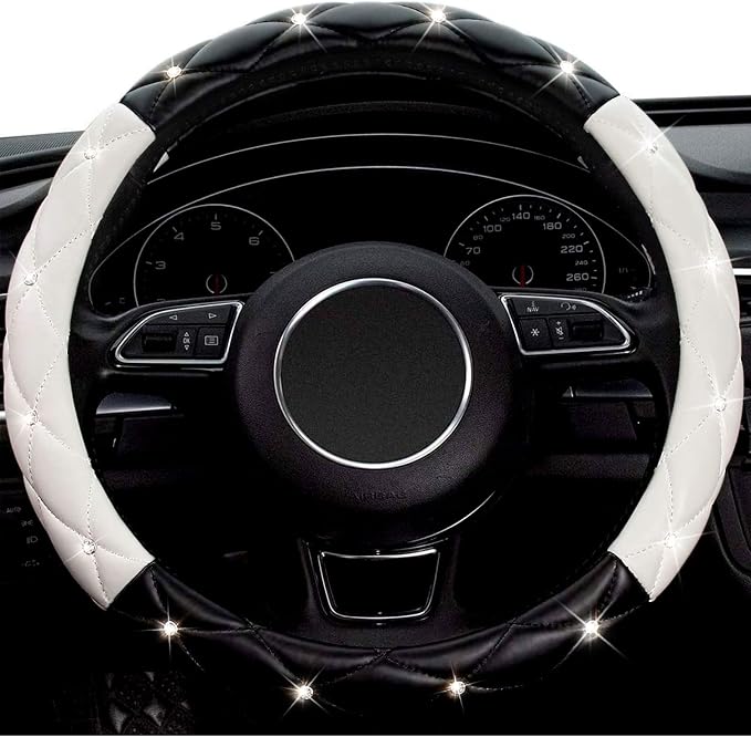 Black White Steering Wheel Cover, Anti-Slip Steering Wheel Protector with Crystal Rhinestones, Car Steering Wheel Cover for Women and Girl Fit 14.5-15 inch