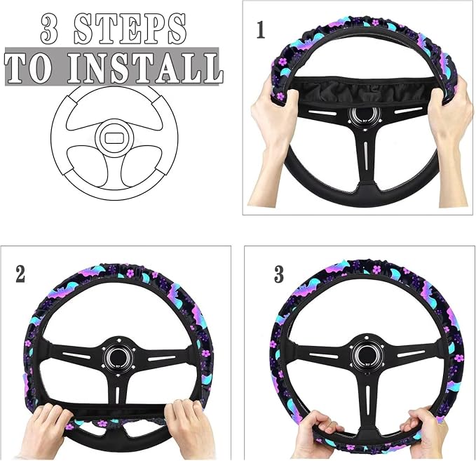 Halloween Steering Wheel Cover for Cars Universal Fit 14 to 15 inch | Bat Flower Print, Universal Stretch-on Fabric, Keep Warm Steering Wheel Protector for Women