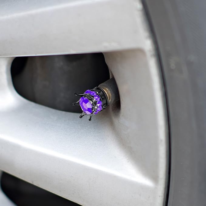 4 Pieces Crown Tire Valve Stem Caps Bling Handmade Crystal Rhinestone Universal Chrome Crown Vehicle Car Tire Caps Covers, Attractive Accessories for Car (Purple and Black)