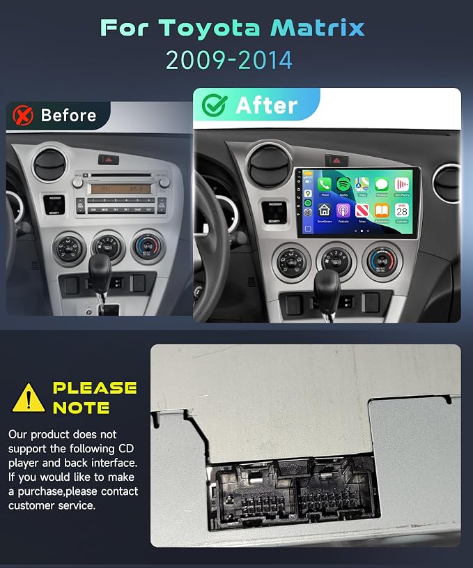 5/6GhzWiFi 8 Core 4G+64G for Toyota Matrix 2009-2014 Car Stereo with Android 15 Radio 9 Inch IPS Touchscreen Carplay/Android Auto /5.0Bluetooth/GPS FM/RDS AHD Backup Camera