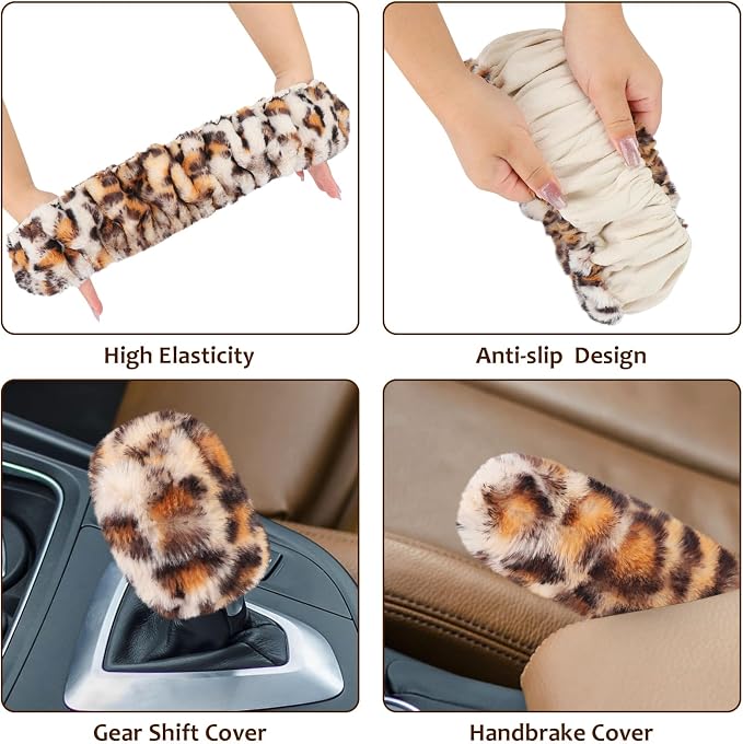 Fluffy Car Steering Wheel Cover, Universal Fuzzy Wheel Cover 14 1/2-15 & Handbrake Cover & Gear Shift Cover Set, Anti-Slip Leopard Warm Fur Vehicle Wheel Protector Car Accessories for Men Women