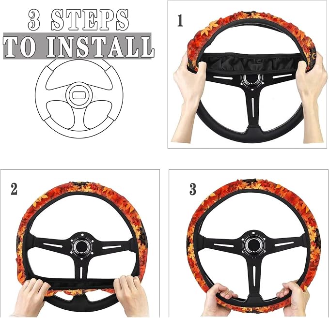 Maple Leaf Car Steering Wheel Cover Sweat Absorption Safe Driving | Fall Decor, Universal 14-15 inch Stretch-on Fabric, Keep Safe Steering Wheel Protector for Women