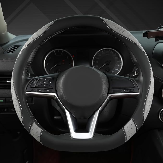 Flat Bottom Car Steering Wheel Cover for Nissan,D Shaped Steering Wheel Cover for Rogue,Altima,Kicks (Black+Gray-Standard Size)