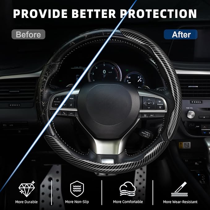 3pcs Carbon Fiber Anti-Skid Steering Wheel Cover, Waterproof Design, Universal Fit for 14-16 Inch Car Wheel Cover, Interior Car Accessories for Jeeps, SUVs, Trucks (Glossy Black)