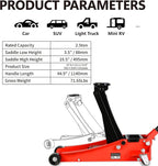 Professional Heavy Duty Hydraulic Floor Jack, 2.5 Ton (5500lb) Capacity, Red, Compatible with Car, Truck, SUV, Steel, Hydraulic, 3.5"-19.5" Lift Range