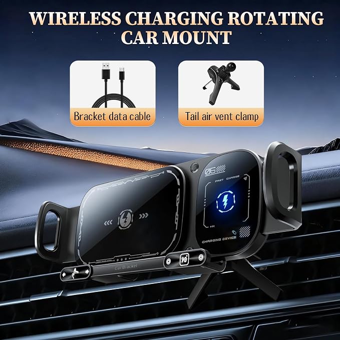 FunApricity Wireless Charging Rotating Car Mount,High Intelligent 2 in 1 Auto Rotating Phone Holder,Car Charger Fast Charging, One-Click Auto-Rotating & Clamping for Smartphone/Pad/Foldable Phone