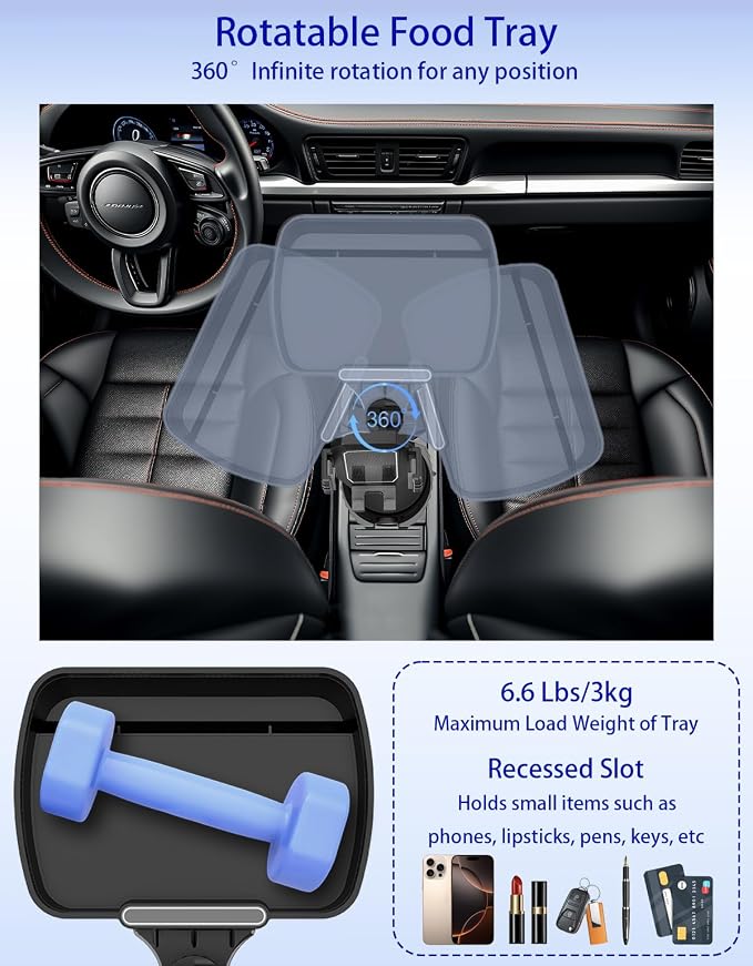 Car Cup Holder Tray - 4 in 1 Car Cup Holder Expander with Metal Cupholder, Adjustable Food Tray and Phone Mount for All Purpose, Automotive Essentials for Driver and Front Passenger