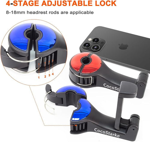 2 in 1 car headrest Hidden Hook with Cell Phone Holder Car Back Seat Hook Universal for Purses and Bags 360° Rotation Adjustable Hanger Rear Hook for Car Seats Silve (red &Blue)