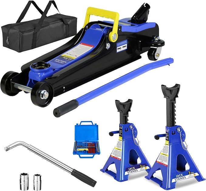 Set of 6 Floor Jack and Jack Stands, 2 Ton(4400lb) Low Profile Floor Jack w/1 Piston Quick Lift Pump, 2 Pcs 3T Jack Stand &12 Pcs Tire Repair Kit, L-Wrench,Floor Jacks Lifting Range 3.3"-15.2"