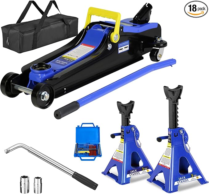 5 Piece Car Truck Floor Jack Service with Jack Stands Tire Repair Kit L-Wrench for Garages, Automotive,Repair Shops, Portable, 4,000 lbs. Capacity, Lifting Range 3.3" - 15.2",Heavy Duty Steel, Blue