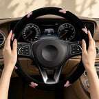 Pink Embroidery Butterfly Steering Wheel Cover, Nappa Leather Material, Universal 14.5-15 Inch Leather Anti-Slip Breathable Auto Steering Wheel Covers for Men Women