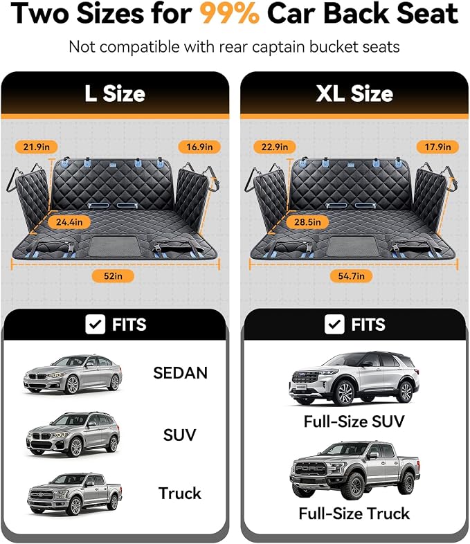 Dog Seat Cover for Backseat, [Ultimate Safe, Comfortable and Large Space] Waterproof 600D Heavy Duty Dog Car Hammock, Release Passenger Seats, Fits Sedan/SUV/Truck, Large Dog Friendly, L