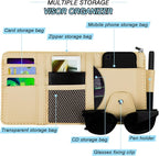 Car Sun Visor Organizer, Leather Pocket Organizer Sunglass Holder for Car Interior Accessories with Multi-Pocket Net Zipper, Beige