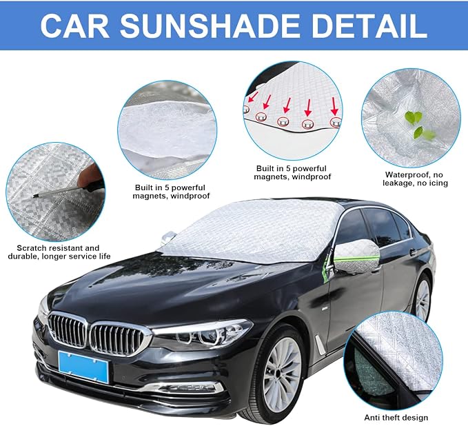 Car Windshield Snow Cover with Side Mirror Cover, 4 Layers Winter Frost Protection for Any Weather, Windscreen Covers with Magnetic Edges, Front Window Automotive Covers for Car SUV Trucks
