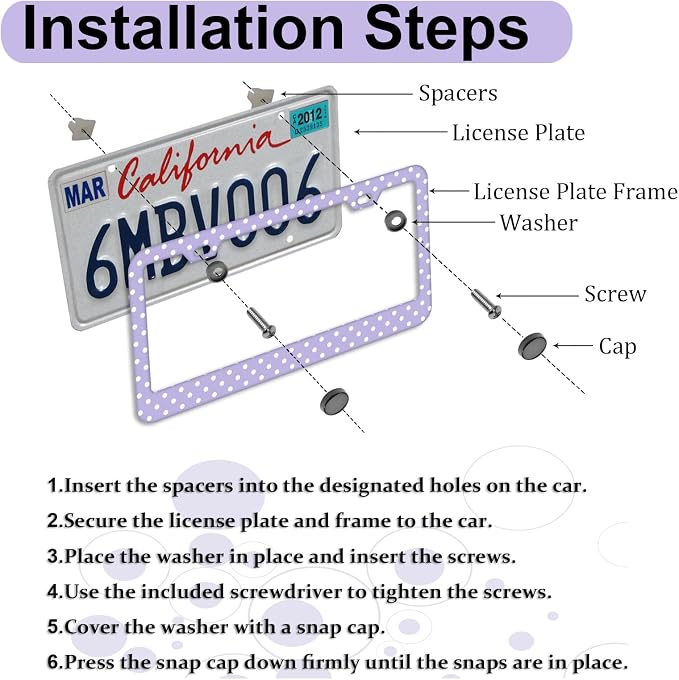 Polka Dots License Plate Frames，Polka dots Car Accessories for Women and Men ，Cute License Plate，Aluminum License Plate Frame Fits Standard US Vehicles Size 12.2 x 6 Inch (Purple-Polka dots)