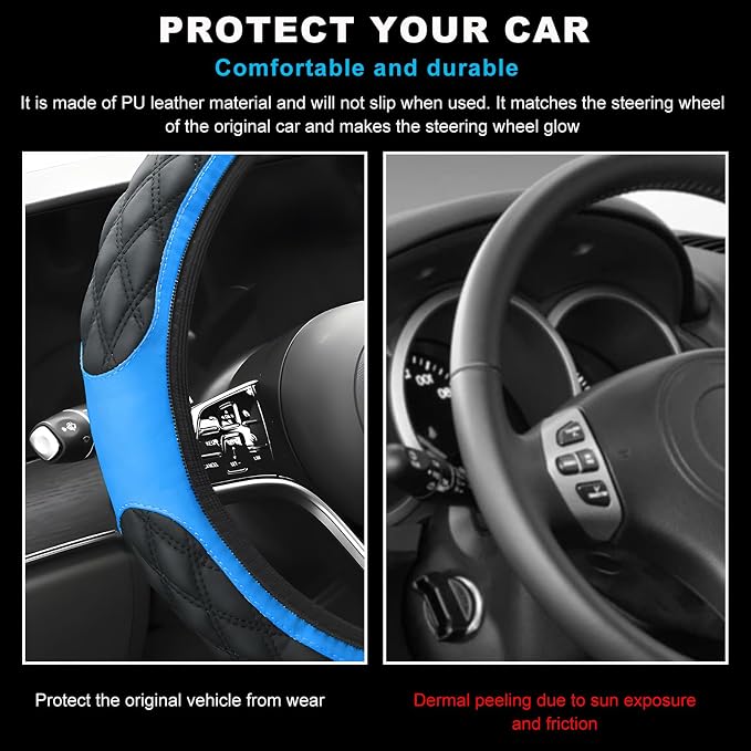 Car Steering Wheel Cover, 15 Inches Non-Slip Leather Steering Wheel Protector, Universal Soft Cover Mats for Car Truck SUV, Interior Car Accessories (Blue)