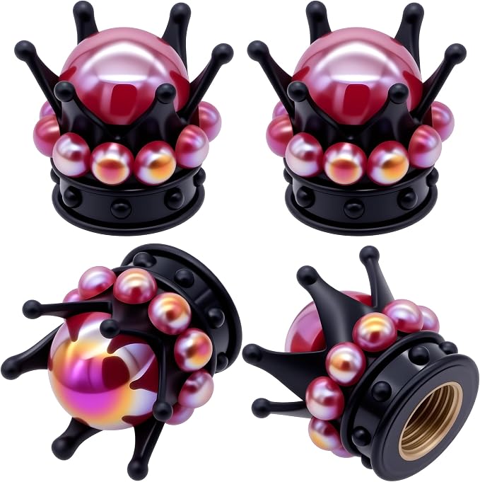 4PCS Crown Bling Tire Stem Valve Caps, Crystal Diamond Tire Air Cap Set Universal Copper Core Stem Covers for Cars, SUV, Trucks, Bikes, Motorcycles, Bicycles (Black & Red)
