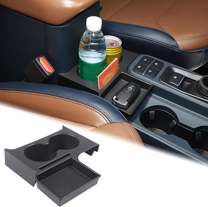 Center Console Cup Holder Organizer Compatible with Ford Maverick 2022-2026 | Front Seat Armrest Storage Box Dual Cupholder Insert Expander Tray Drink Water Bottle Holder with Mat Interior Accessories