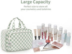 Travel Toiletry Bag for Women Large Capacity, Hanging Makeup Bag Organizer Toiletries Bag for Full Size Essentials, Accessories, Brushes, Cosmetics (Mint Green Checkerboard (Large))