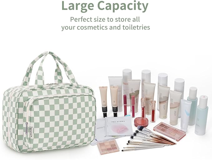 Travel Toiletry Bag for Women Large Capacity, Hanging Makeup Bag Organizer Toiletries Bag for Full Size Essentials, Accessories, Brushes, Cosmetics (Mint Green Checkerboard (Large))