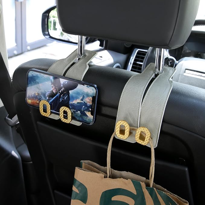 Car Headrest Hooks Universal Car Purse Hook Premium Leather and Alloy Twin Hook Car Seat Back Storage Hanger Hook for Purse Bags Cloth Drink Durable Holder Car Accessories (BH09-Grey-Gold)