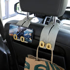 Car Headrest Hooks Universal Car Purse Hook Premium Leather and Alloy Twin Hook Car Seat Back Storage Hanger Hook for Purse Bags Cloth Drink Durable Holder Car Accessories (BH09-Grey-Gold)