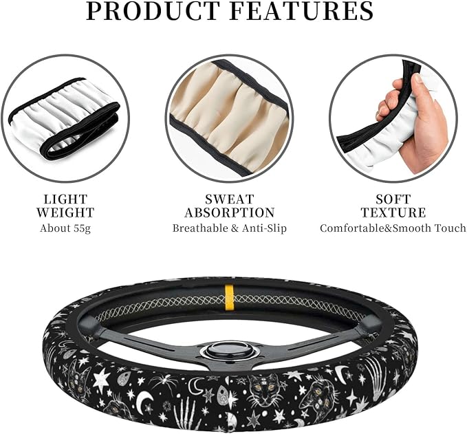 Skeleton Cat Pattern Steering Wheel Cover Non-Slip Auto Steering Wheel Protector Car Accessories Universal Fit 15 Inches for Men Women